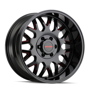 Mayhem TRIPWIRE Gloss black milled prism red 20x9 +18 5x139.7|5x150mm 110mm - Wheelwiz