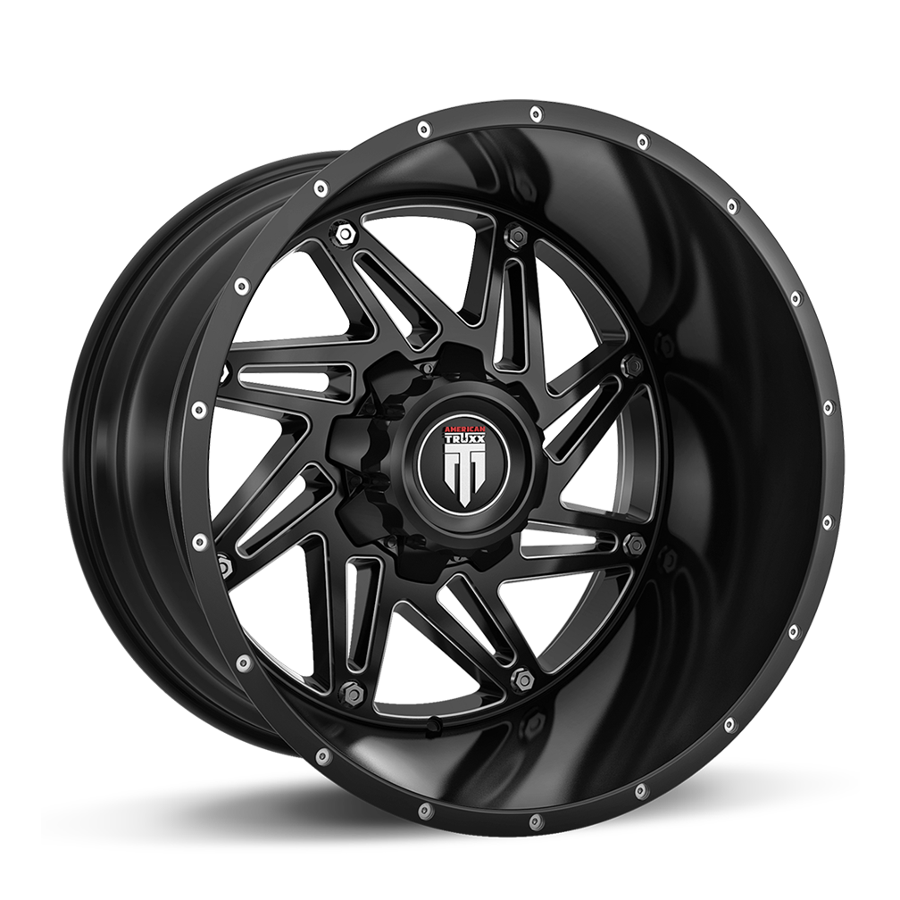 American Truxx WARRIOR Gloss black milled 22x14 -76 6x135|6x139.7mm 106.1mm - WheelWiz