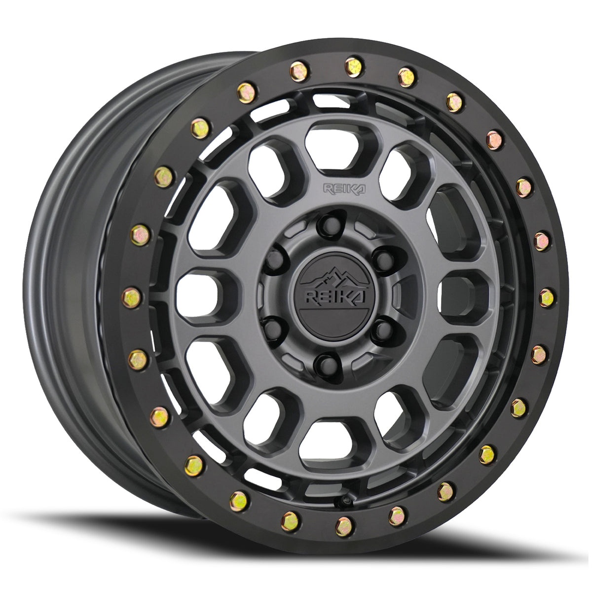 Reika R35 Satin Gunmetal W/ Black E-Coated Ring 17x8 +30 6x130mm 84.1mm