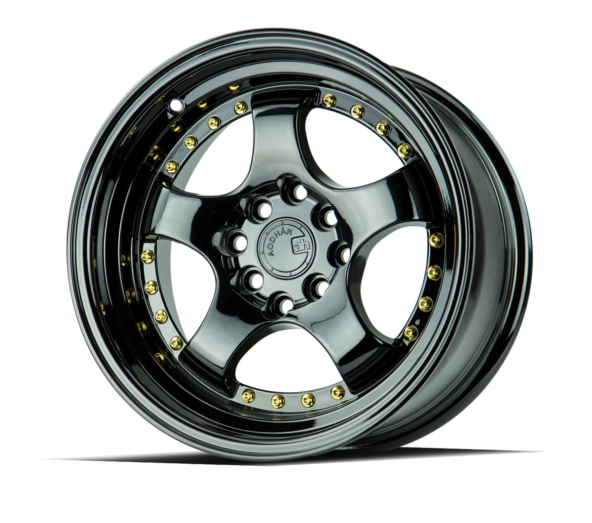Aodhan AH03 Gloss Black W /Gold Rivets 16x8 +15 4x100|4x114.3 73.1mm - Wheelwiz