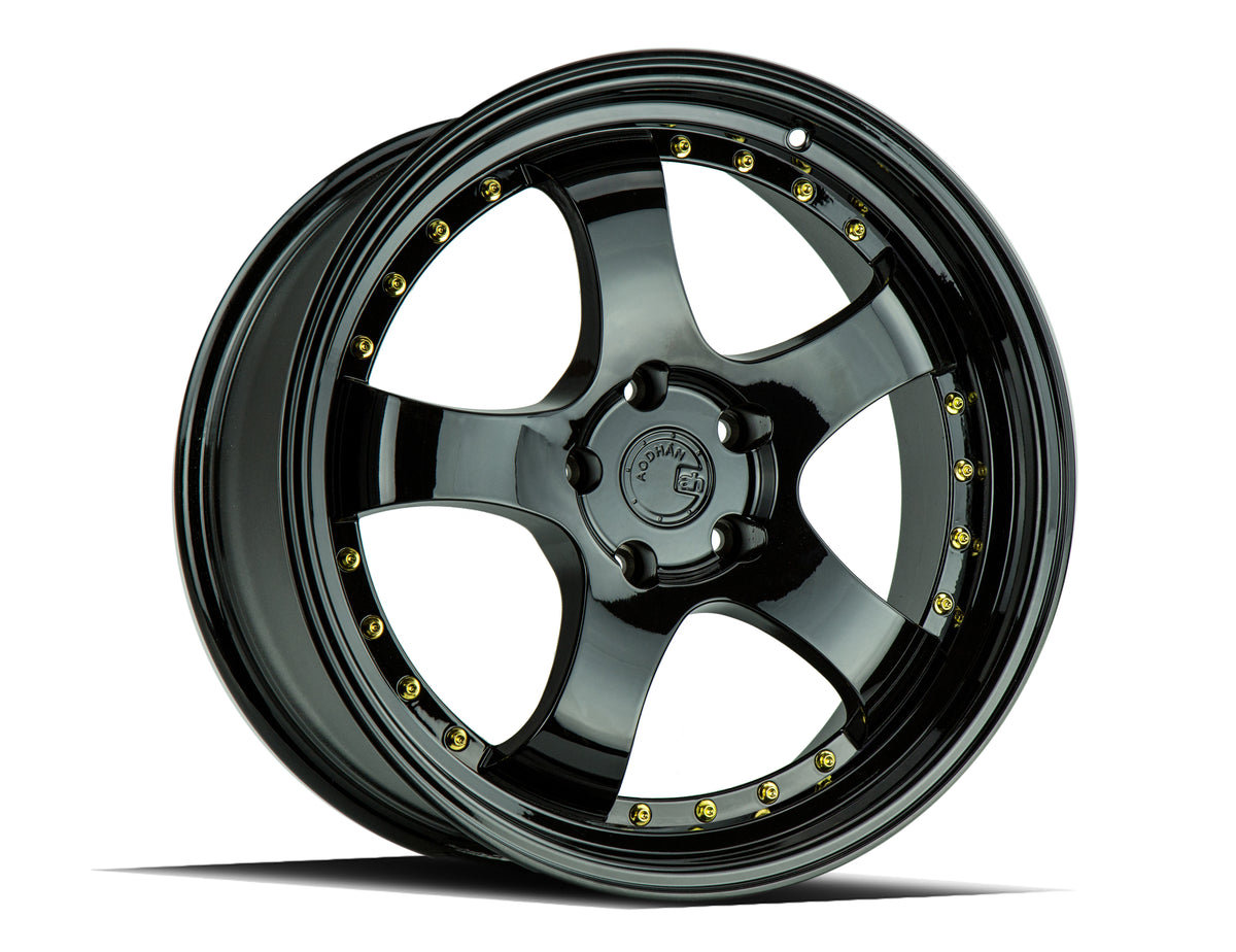 Aodhan AH03 Gloss Black W /Gold Rivets 19x9.5 +12 5x114.3 73.1mm - Wheelwiz
