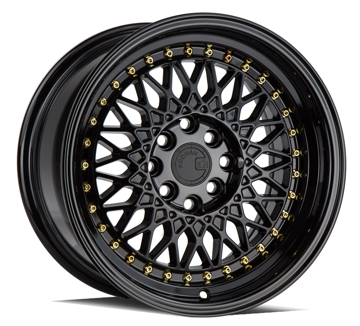 Aodhan AH05 Gloss Black W /Gold Rivets 15x8 +20 4x100|4x114.3 73.1mm - Wheelwiz