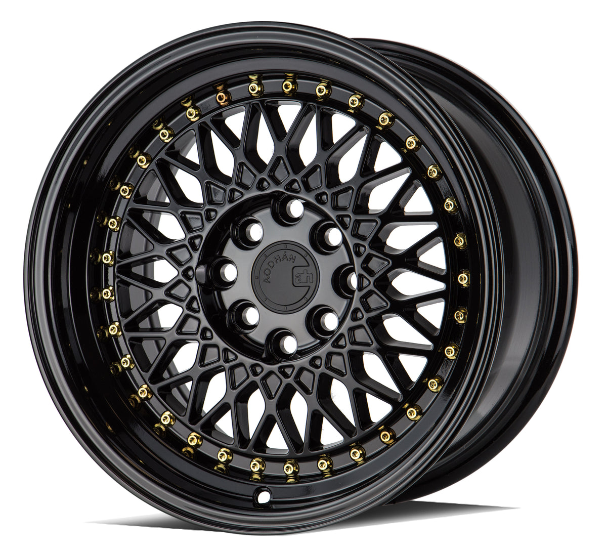 Aodhan AH05 Gloss Black W /Gold Rivets 15x8 +20 4x100|4x114.3 73.1mm - Wheelwiz
