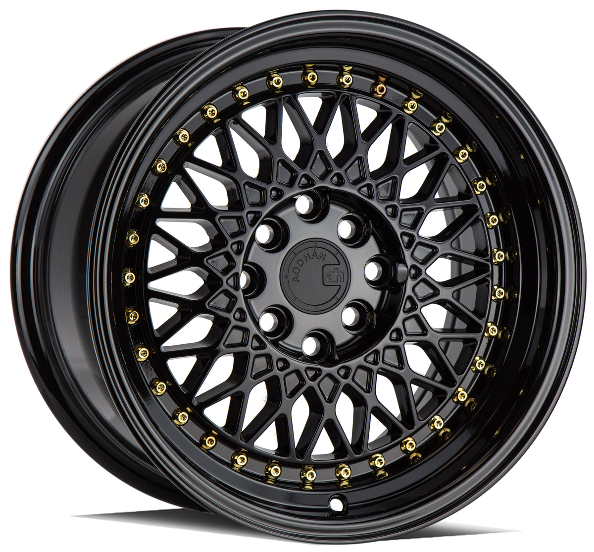 Aodhan AH05 Gloss Black W /Gold Rivets 16x8 +15 4x100|4x114.3 73.1mm - Wheelwiz