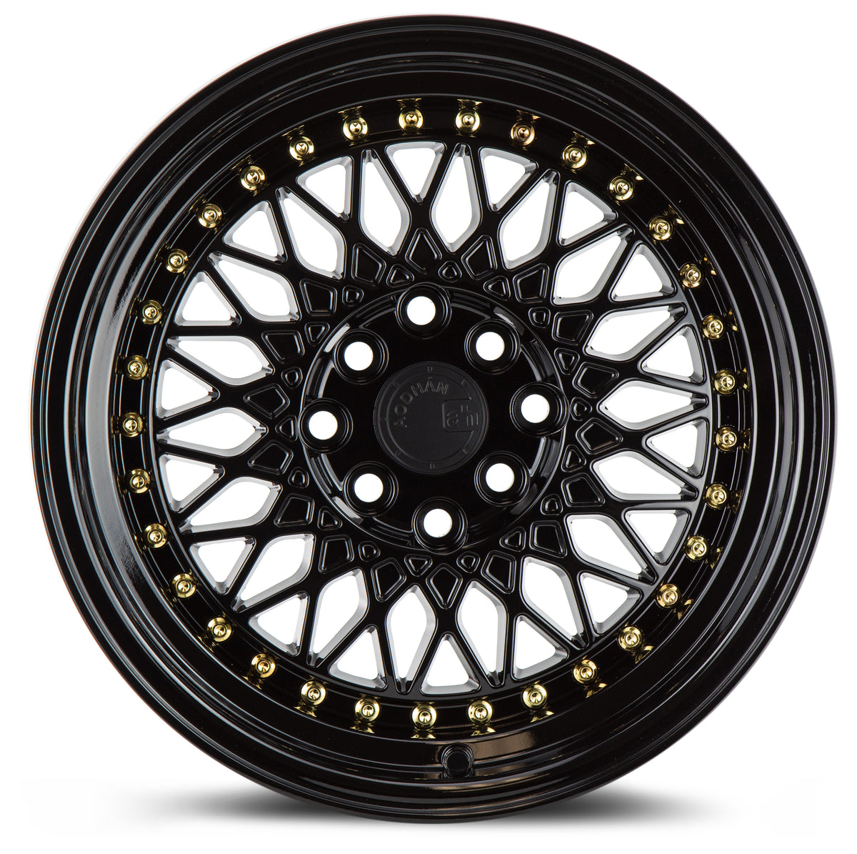 Aodhan AH05 Gloss Black W /Gold Rivets 16x8 +15 4x100|4x114.3 73.1mm - Wheelwiz