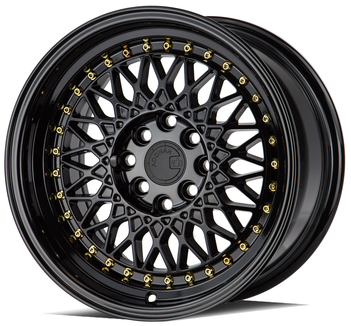 Aodhan AH05 Gloss Black W /Gold Rivets 16x8 +15 4x100|4x114.3 73.1mm - Wheelwiz