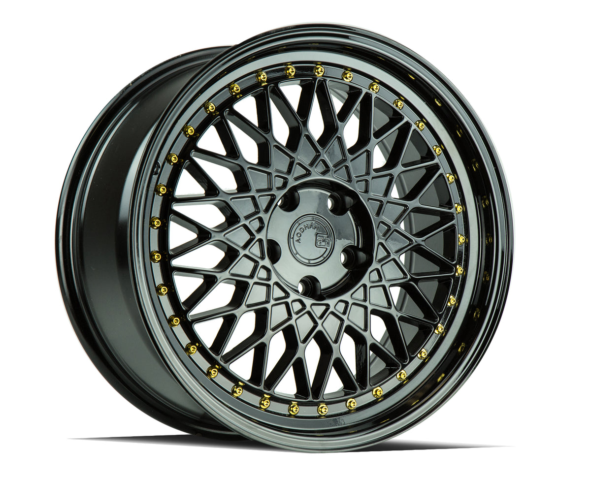 Aodhan AH05 Gloss Black W /Gold Rivets 18x8.5 +35 5x114.3 73.1mm - Wheelwiz