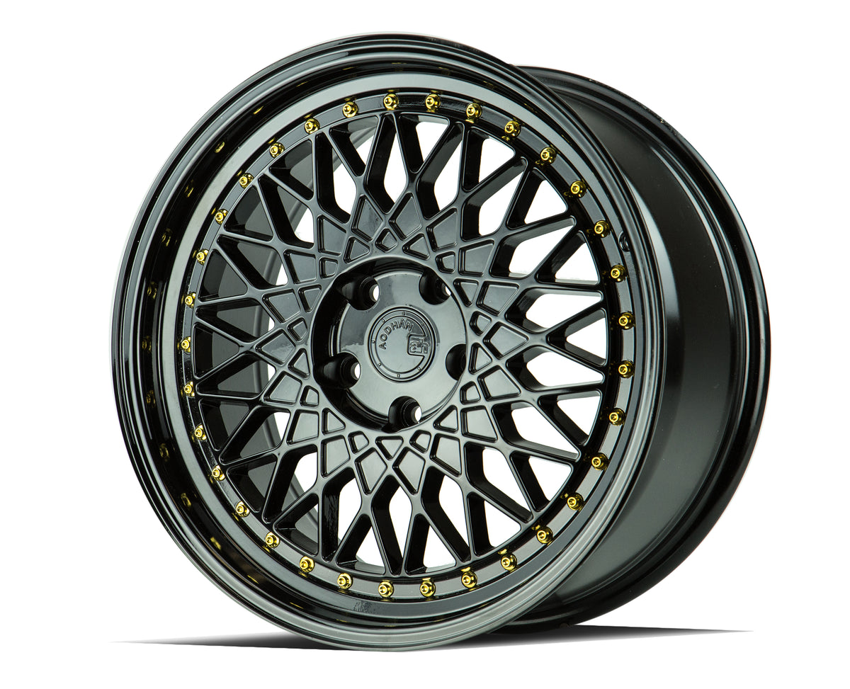 Aodhan AH05 Gloss Black W /Gold Rivets 18x8.5 +35 5x114.3 73.1mm - Wheelwiz