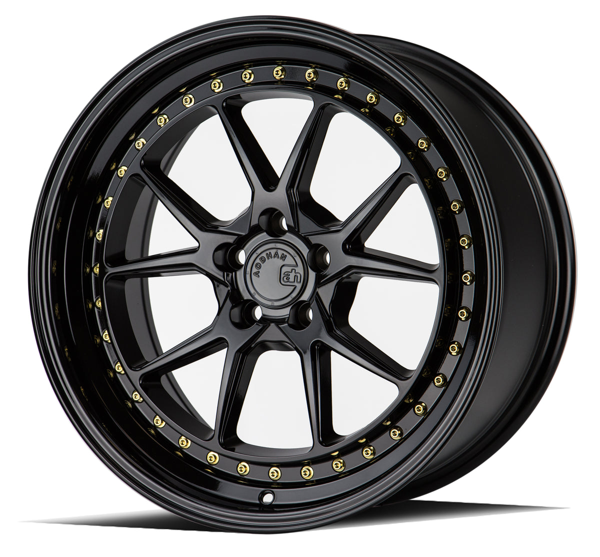 Aodhan DS08 Gloss Black W /Gold Rivets 18x8.5 +35 5x114.3 73.1mm - Wheelwiz