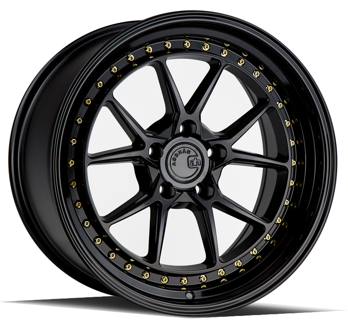 Aodhan DS08 Gloss Black W /Gold Rivets 18x9.5 +15 5x114.3 73.1mm - Wheelwiz