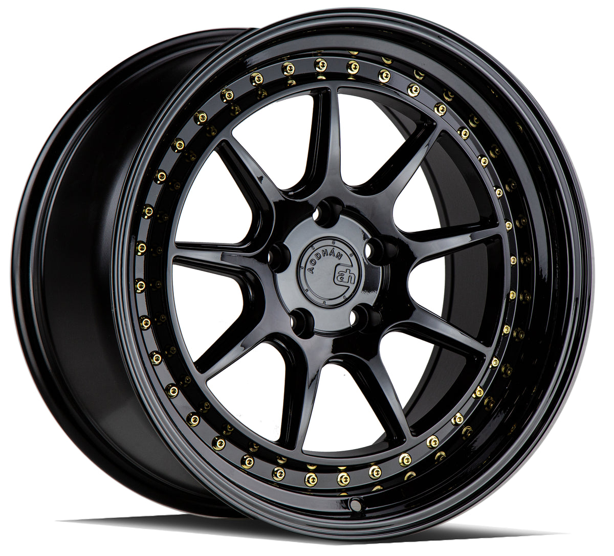 Aodhan DS-X Gloss Black W /Gold Rivets 18x8.5 +35 5x114.3 73.1mm - Wheelwiz