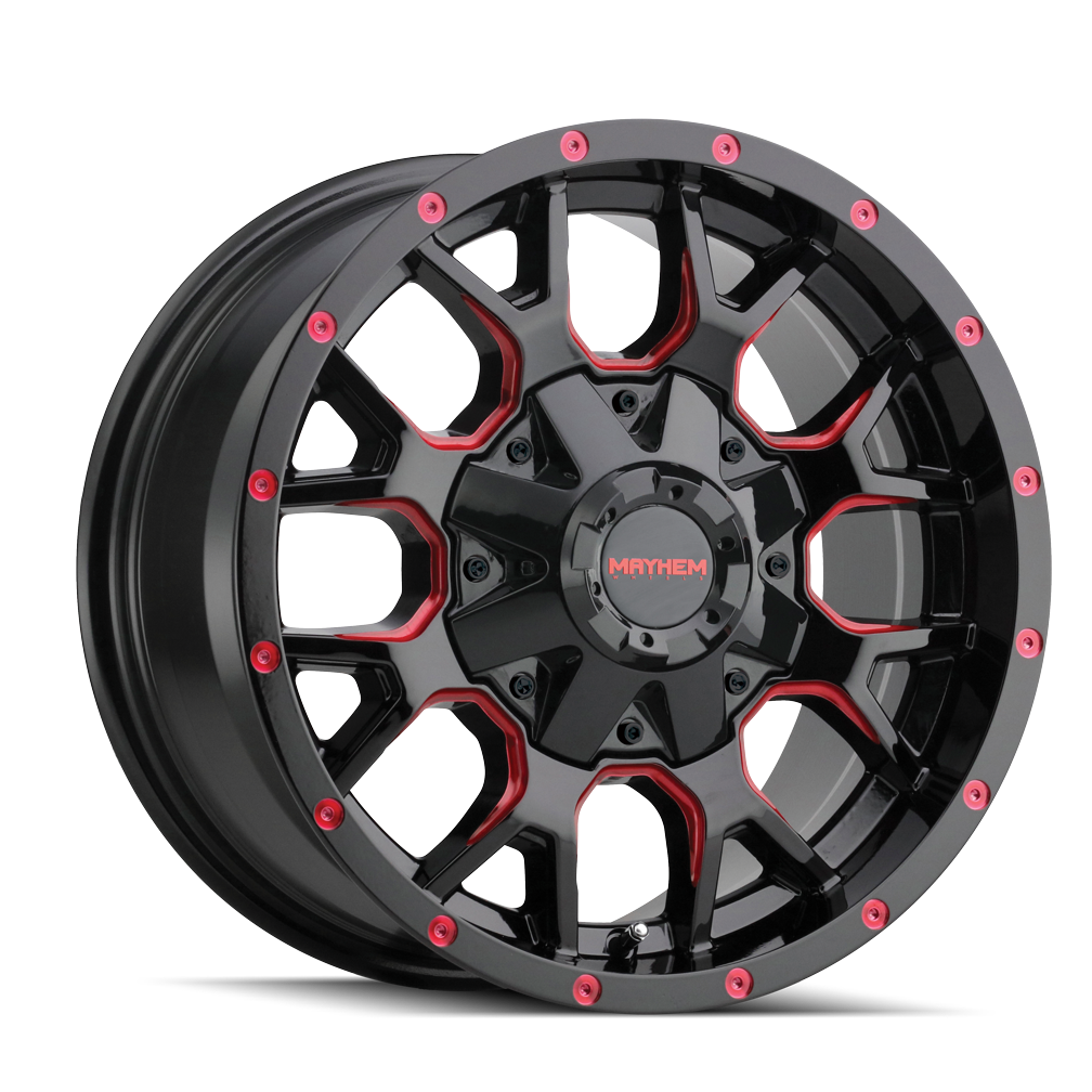 Mayhem WARRIOR Gloss black milled prism red 20x9 +18 8x165.1|8x170mm 130.8mm - Wheelwiz