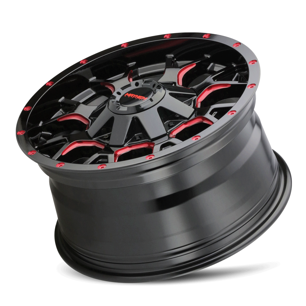 Mayhem WARRIOR Gloss black milled prism red 20x9 +18 8x165.1|8x170mm 130.8mm - Wheelwiz