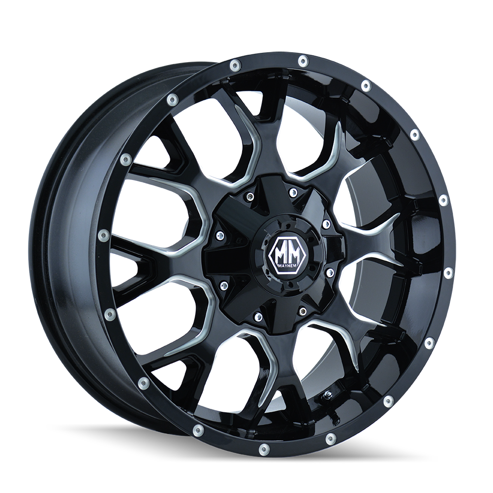 Mayhem WARRIOR Gloss black milled 20x9 -8 6x135|6x139.7mm 106mm - Wheelwiz