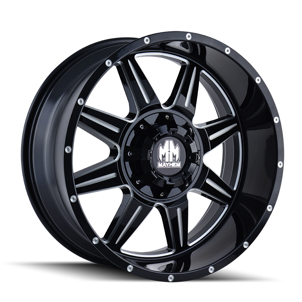 Mayhem MONSTIR Gloss black milled 20x9 +18 5x139.7|5x150mm 110mm - Wheelwiz