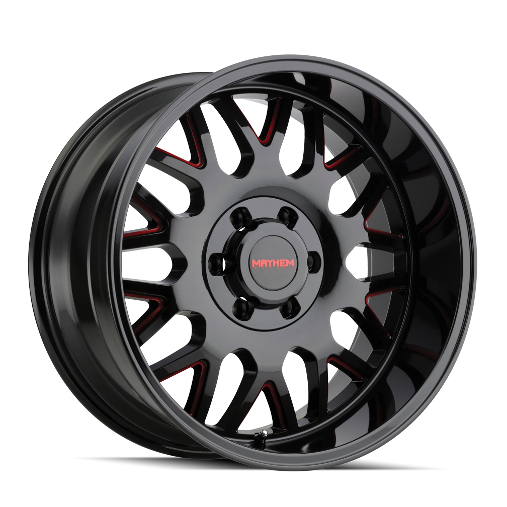 Mayhem TRIPWIRE Gloss black milled prism red 20x10 -19 6x139.7mm 106mm - Wheelwiz