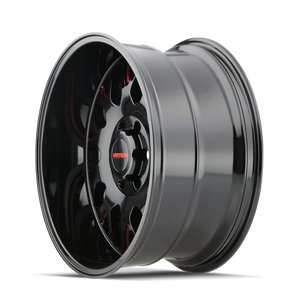 Mayhem TRIPWIRE Gloss black milled prism red 20x9 +18 8x165.1mm 130.8mm