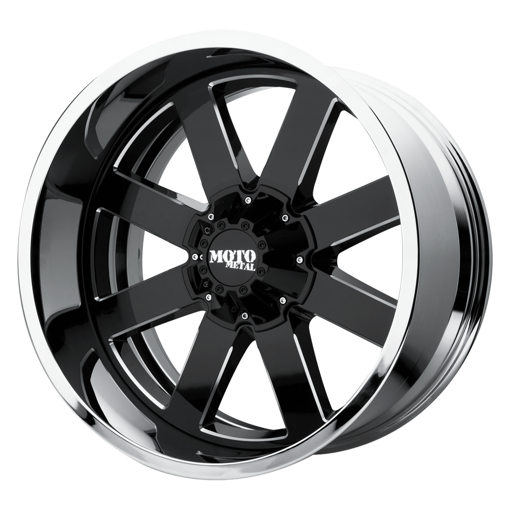 Moto Metal MO200 Gloss Black Milled Center Chrome Lip 20x12 -44 6x139.7mm 106.1mm - WheelWiz