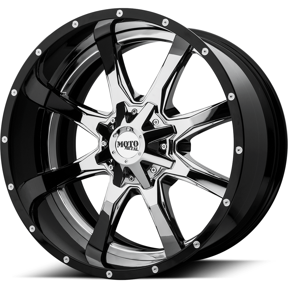 Moto Metal MO201 Chrome Center Gloss Black Milled Lip 22x12 -44 8x165.1mm 125.1mm - WheelWiz