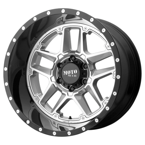 Moto Metal MO987 SENTRY Gloss Silver Center Gloss Black Lip 20x9 00 6x139.7mm 106.1mm - WheelWiz