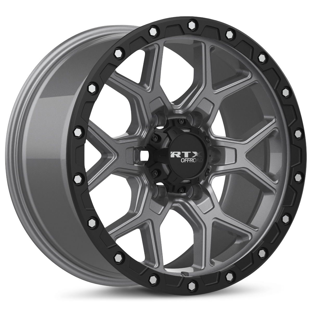 RTX Storm Matte Gunmetal With Black Lip And Milled Rivets 17x8.5 +20 6x139.7mm 106.1mm