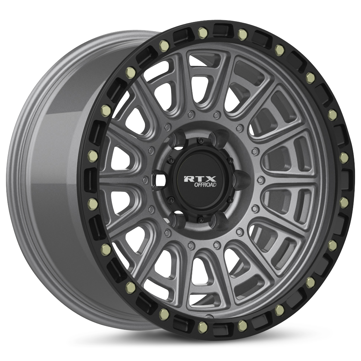 RTX Striker Matte Gunmetal With Black Lip And Milled Rivets 20x9 +10 6x139.7mm 106.1mm - Wheelwiz