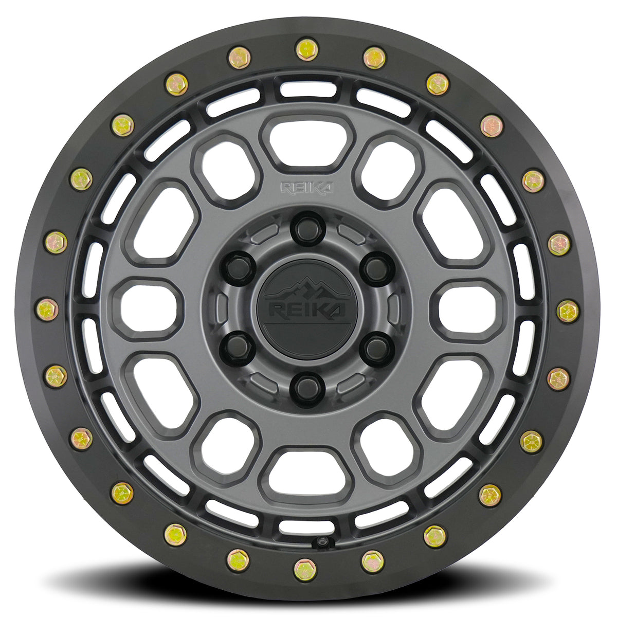 Reika R35 Satin Gunmetal W/ Black E-Coated Ring 17x8 +30 6x130mm 84.1mm