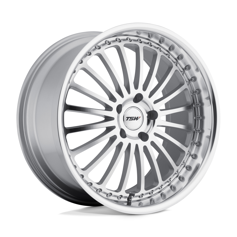 TSW SILVERSTONE Silver W/ Mirror Cut Face &amp; Lip 19x8 +45 5x112mm 72.1mm - WheelWiz