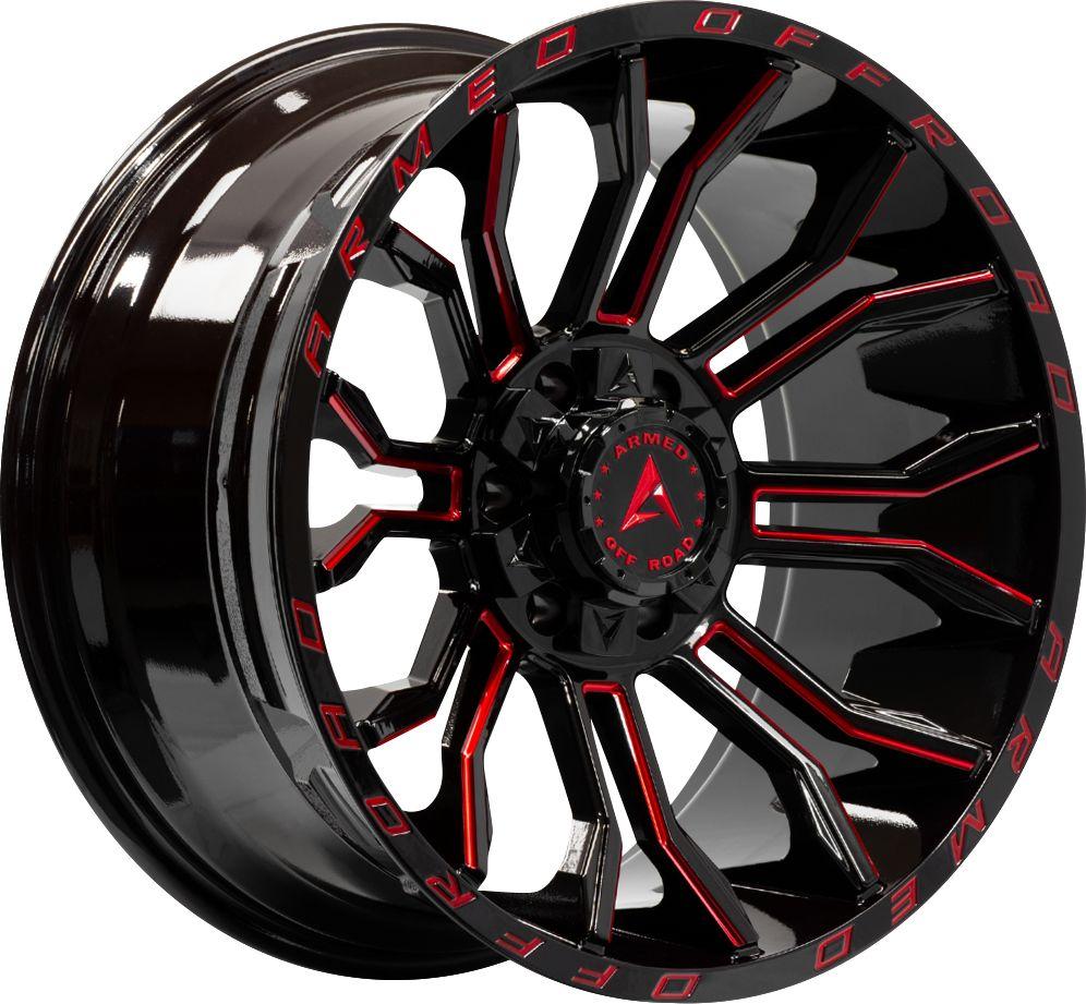 Armed Wheels Havoc Gloss Black Milled + Red 24x12 -44 6x135mm 108.1mm