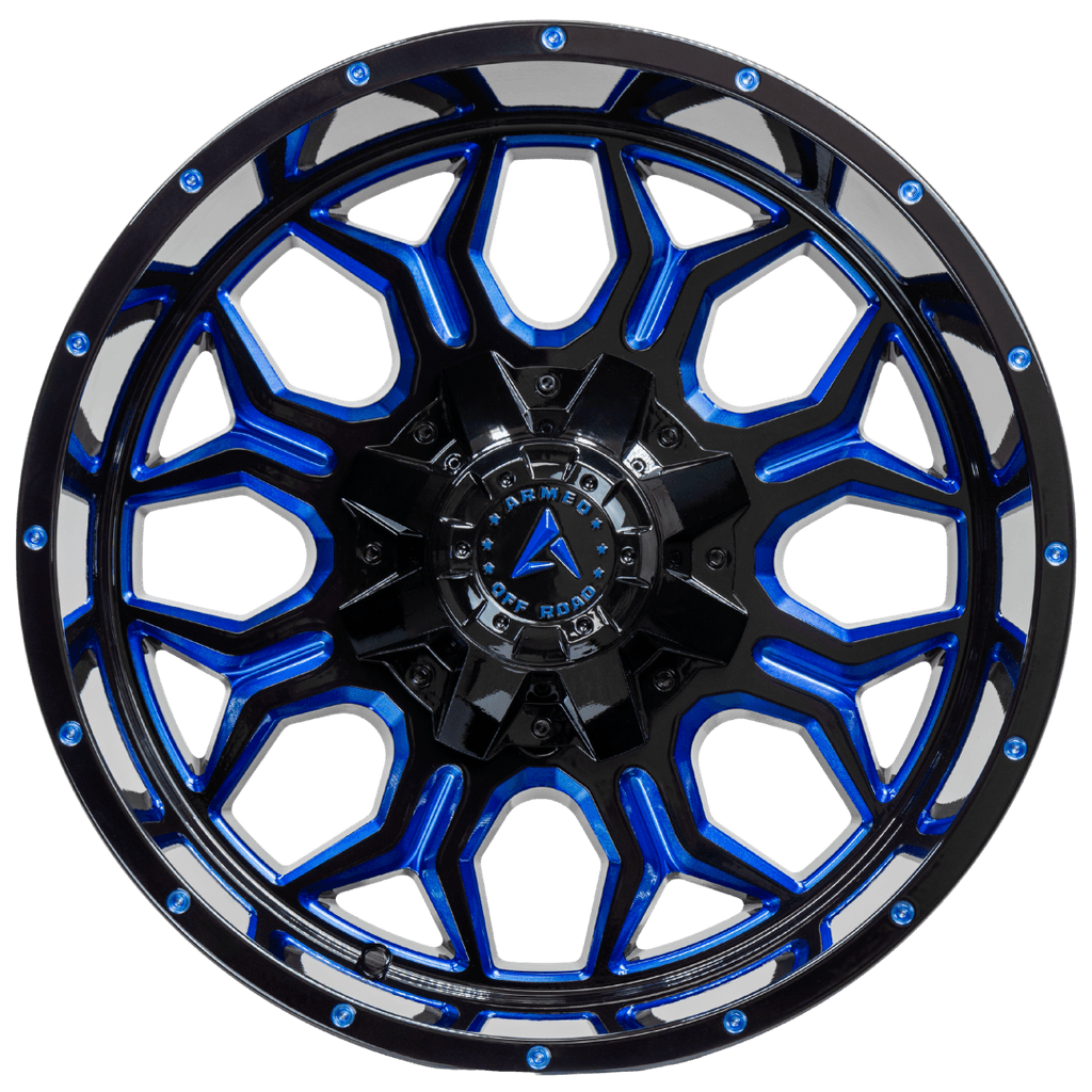 Armed Wheels Infantry Gloss Black Blue Milled 20x12 -44 5x139.7mm 110.1mm