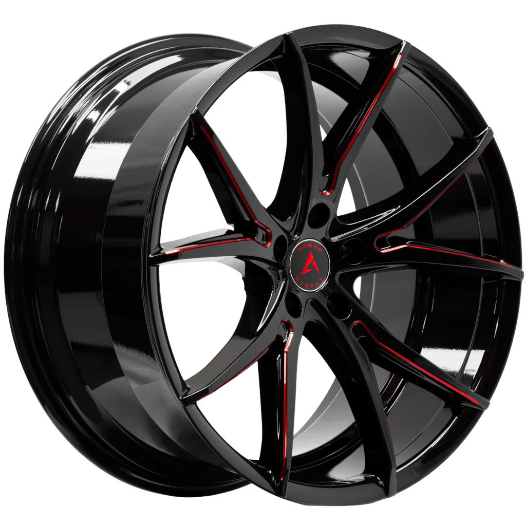 Armed Wheels Strike Gloss Black + Red Milled Spokes 20x10 +40 5x113mm 74mm