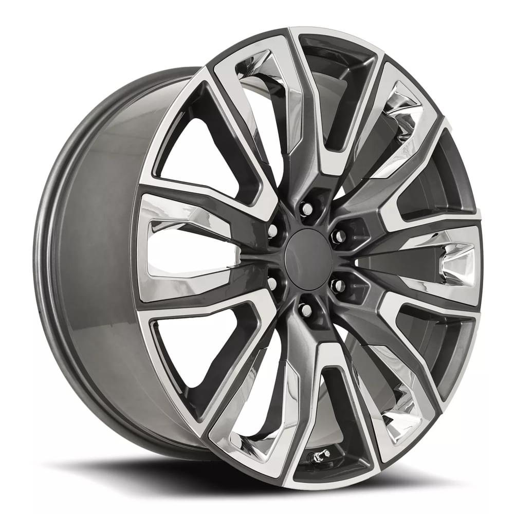 Factory Reproductions FR 207 Grey Machine Face With Chrome Inserts 22x9 +28 6x139.7mm 78.1mm