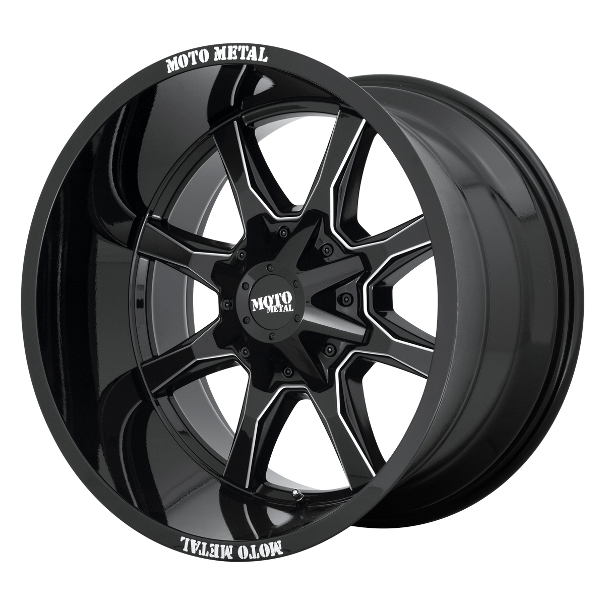 Moto Metal MO970 Gloss Black With Milled Spoke & Moto Metal On Lip 18x9 +18 6x120|6x139.7mm 78.1mm - WheelWiz