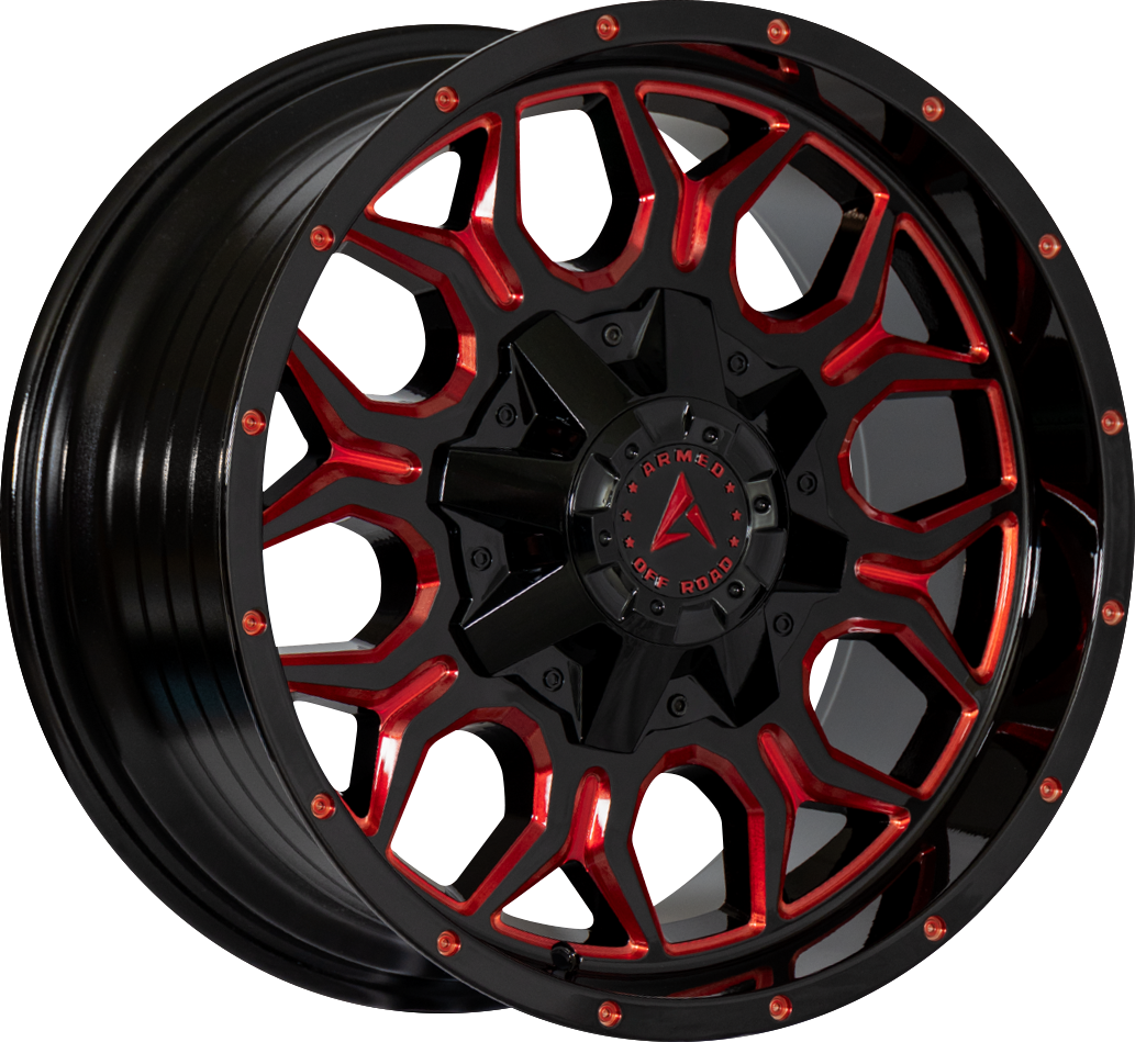 Armed Wheels Infantry Gloss Black Red Milled 20x10 -18 Custom 87.1mm - Wheelwiz