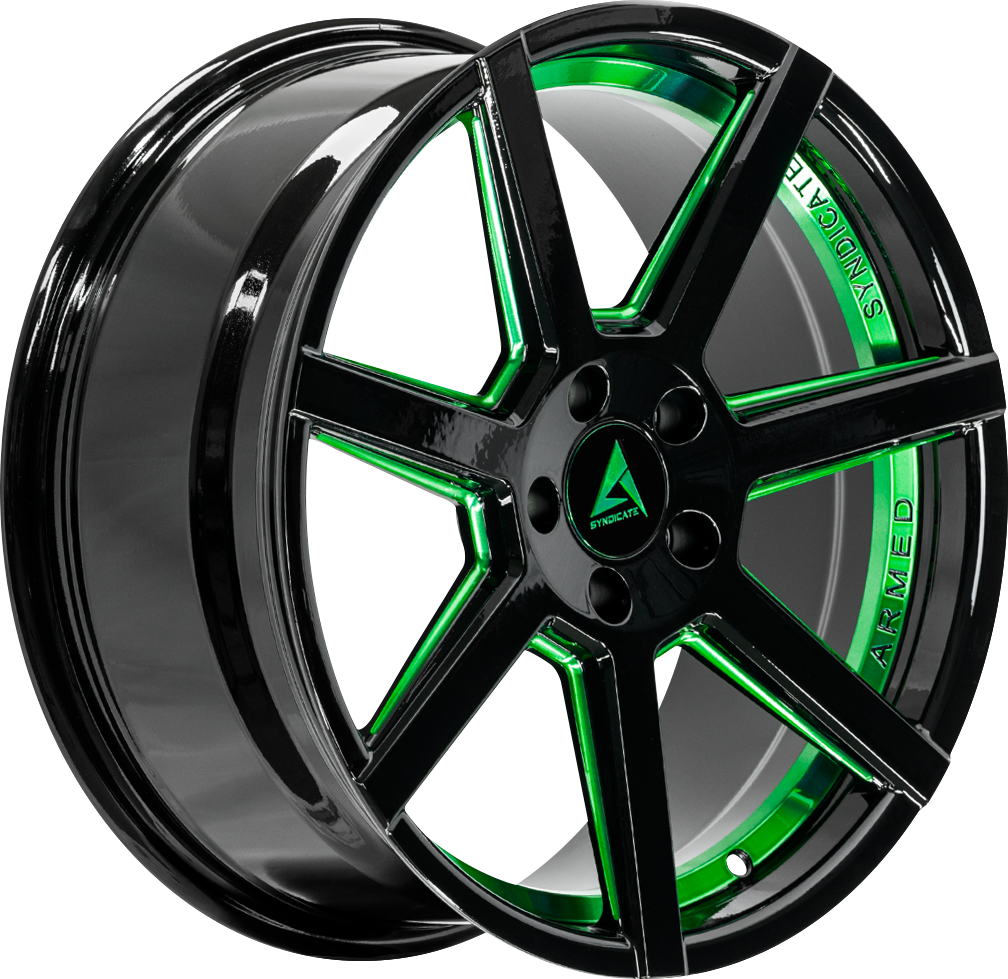 Armed Wheels Assassin Gloss Black + Green 18x8 +35 5x113mm 74.1mm - Wheelwiz