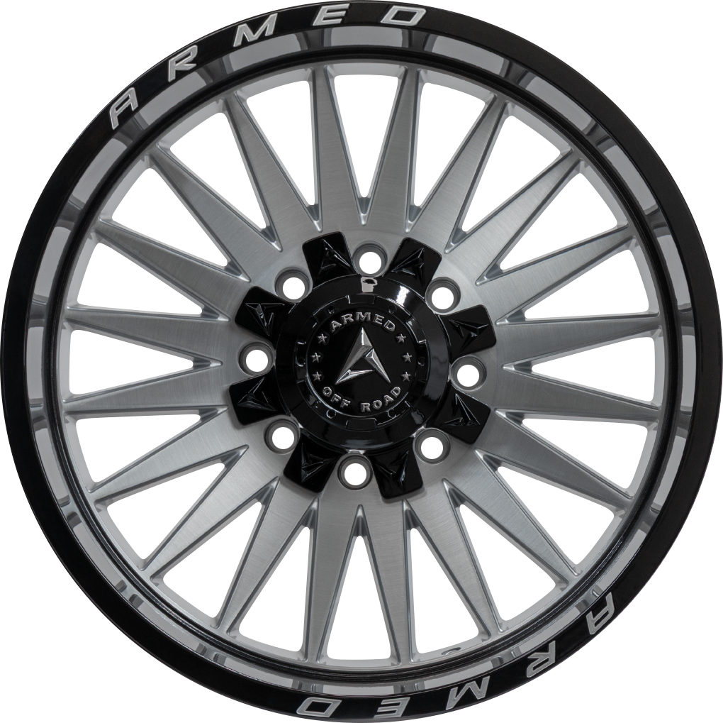 Armed Wheels Hostile Gloss Silver Brushed Face/Black Lip + Armed 20x10 -18 5x139.7mm 110.1mm