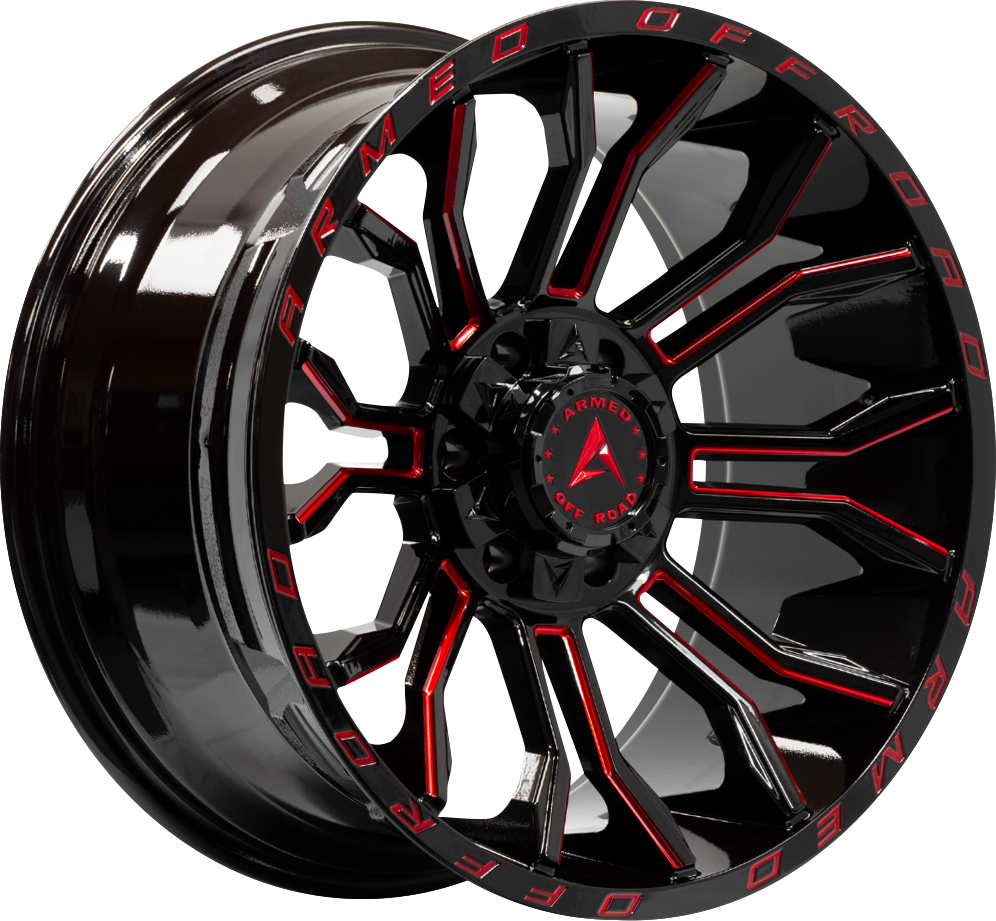 Armed Wheels Havoc Gloss Black Milled + Red 20x12 -44 5x139.7mm 110.1mm