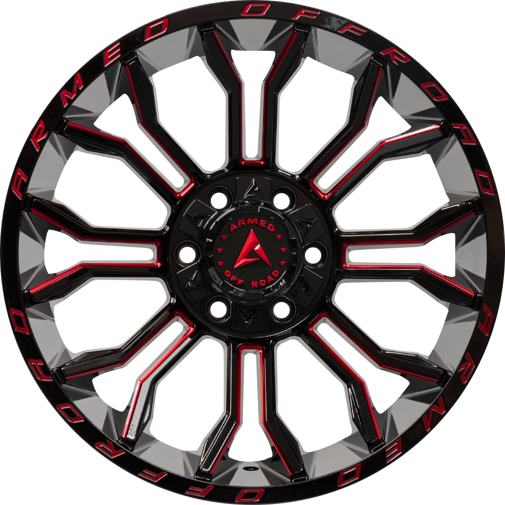 Armed Wheels Havoc Gloss Black Milled + Red 20x12 -44 5x139.7mm 110.1mm