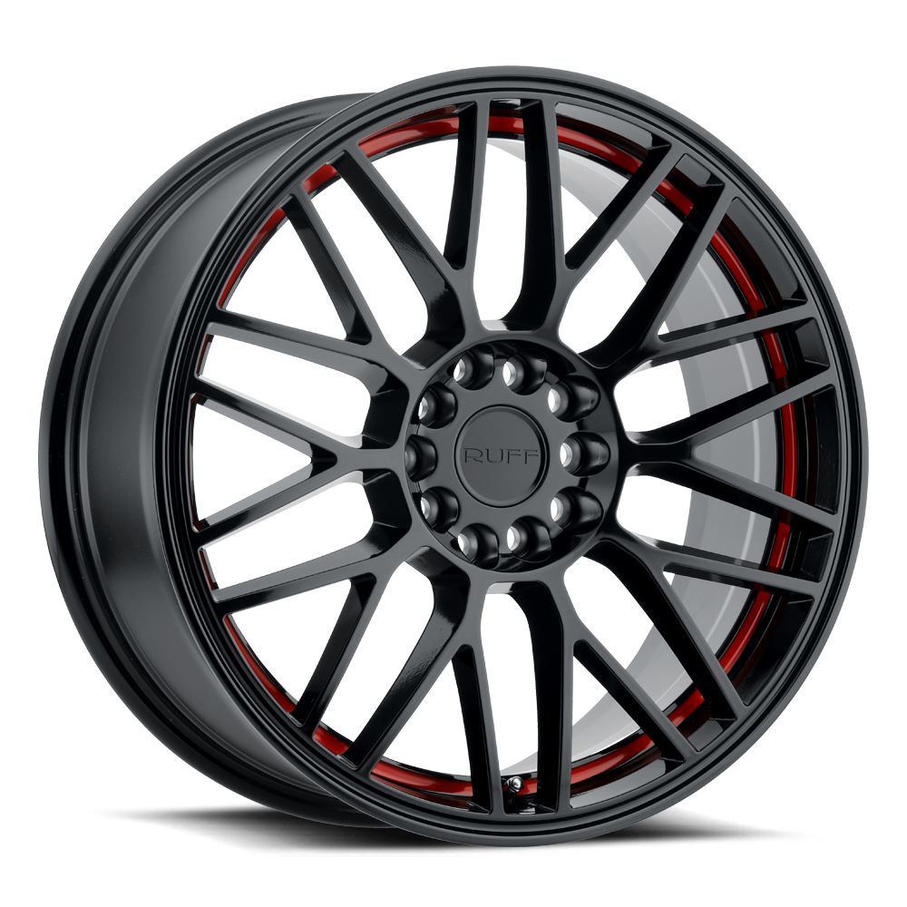 Ruff OVERDRIVE Gloss Black W/ Red Inner Lip 18x8 +38 5x108|5x114.3mm 72.1mm - WheelWiz